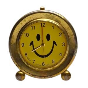 Vtg Small Smiley Face Happy Day Desk Clock Miniature 2" Brass Yellow